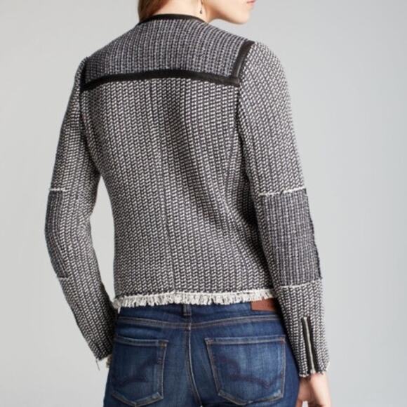 Rebecca Taylor Black and White Tweed Lamb Leather Trim Zip Jacket Blazer 4 - Picture 11 of 11